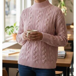 Neiman Marcus 100% Cashmere Sweater Large Pink Cable Knit Mock Neck Pullover